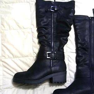 Black Slouchy Faux Leather Knee High Boots